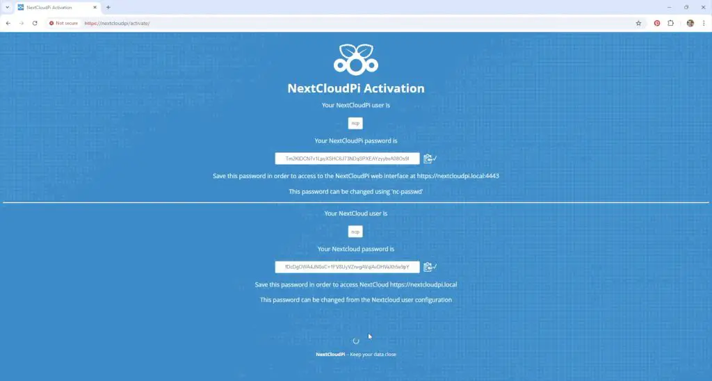 NextCloud Pi Activation Page